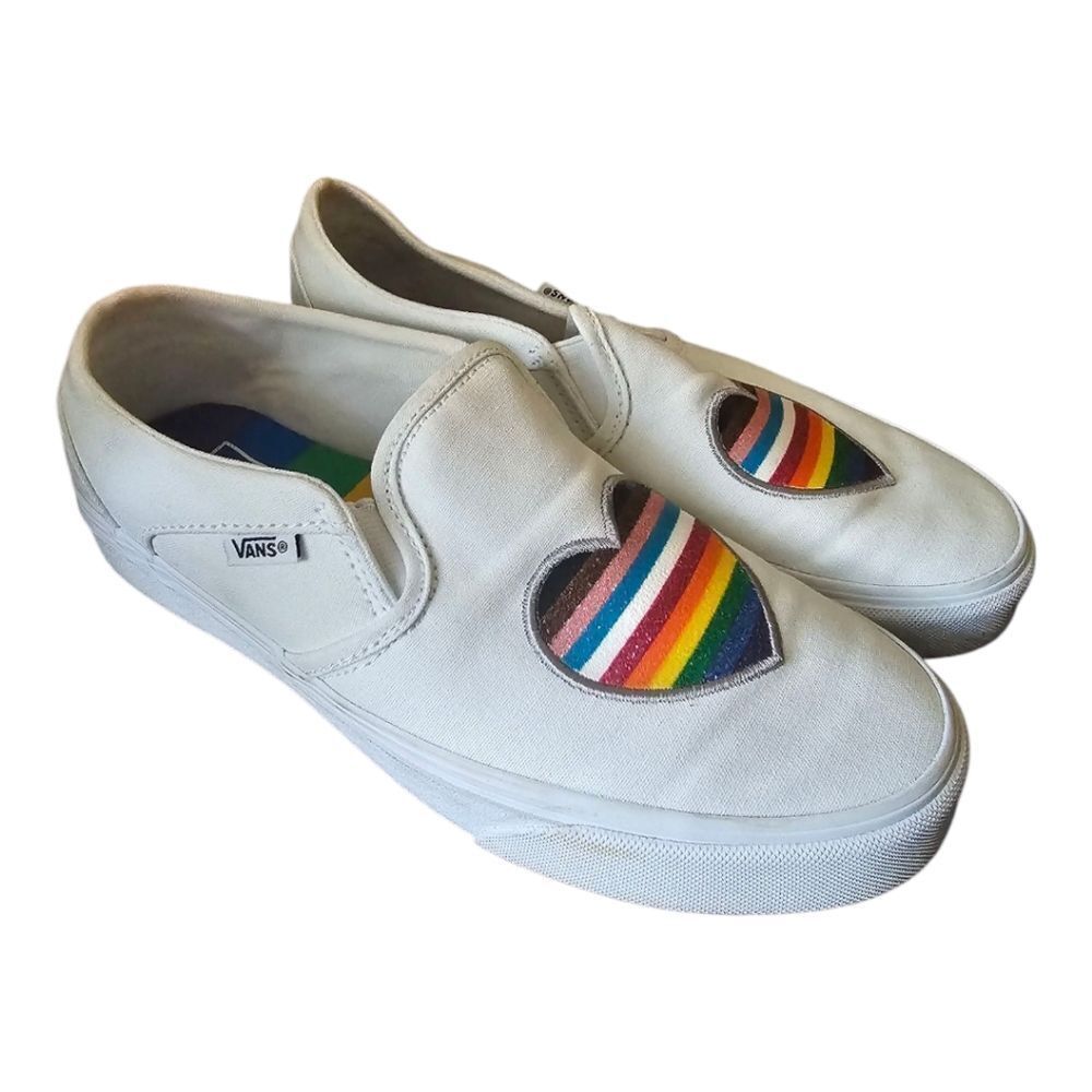 VANS Asher‎ Slip-On Pride Rainbow Heart White Glitter - Size 7.5
